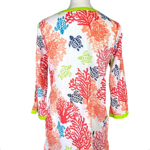 Peppermint Bay Colorful Orange Coral & Turtle Print Tunic Beach Swim Coverup - Picture 6 of 10
